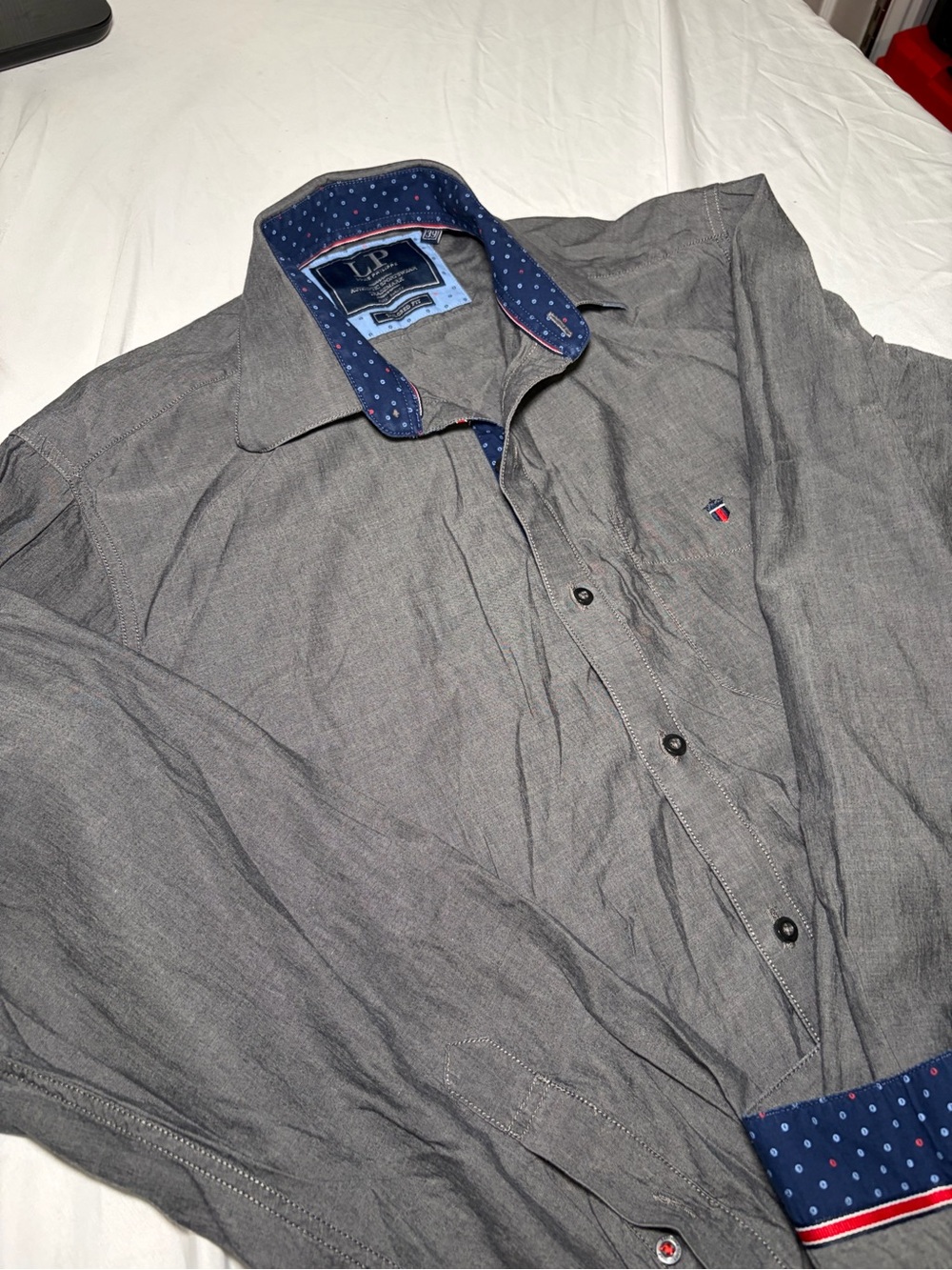 Louis Philippe Gray Button-Down Shirt w/ Blue Polka Dot Contrast Mens M